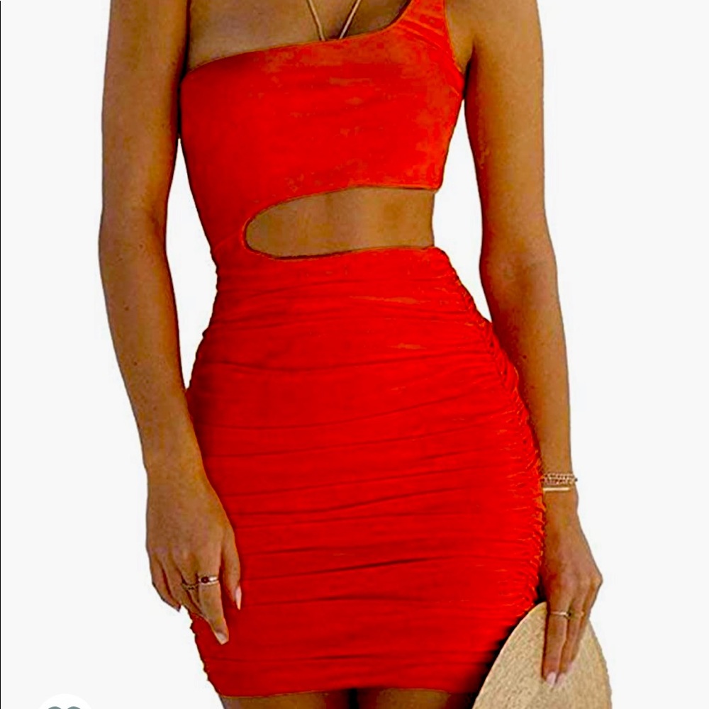 Red one shoulder mini dress